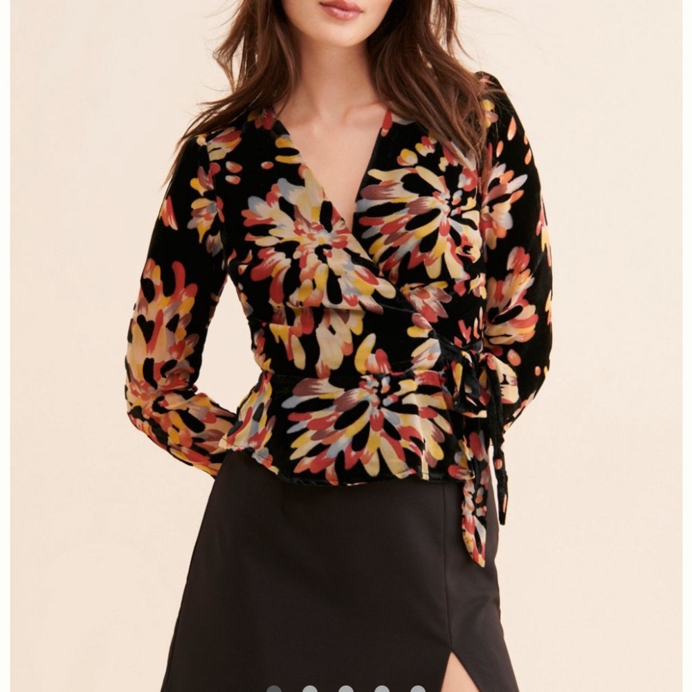 Anthropologie Black Wrap Blouse with Pink and Yellow Floral Burst